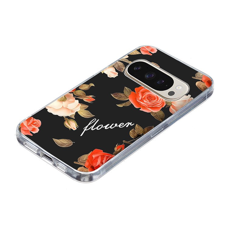 For Google Pixel 9 / 9 Pro Case Pattern Printing Shockproof Soft TPU Phone Cover - Black Background Flowers