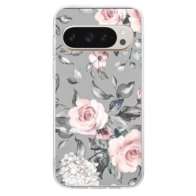 For Google Pixel 9 / 9 Pro Case Pattern Printing Shockproof Soft TPU Phone Cover - Grey Background Flowers