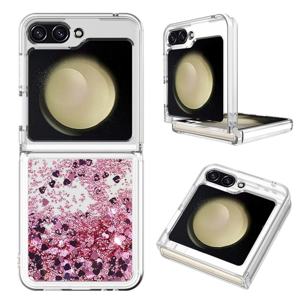 For Samsung Galaxy Z Flip7 FE 5G / Z Flip6 5G TPU Case Glitter Quicksand Shockproof Phone Back Cover - Rose Gold / Hearts