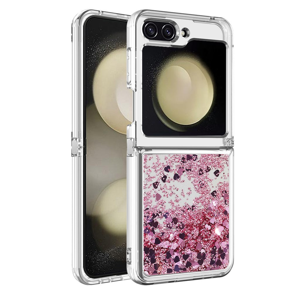 For Samsung Galaxy Z Flip7 FE 5G / Z Flip6 5G TPU Case Glitter Quicksand Shockproof Phone Back Cover - Rose Gold / Hearts