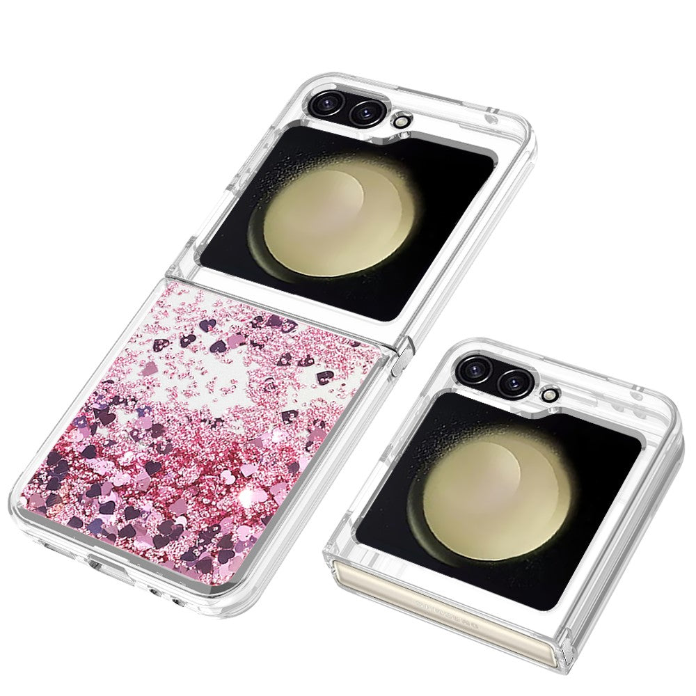 For Samsung Galaxy Z Flip7 FE 5G / Z Flip6 5G TPU Case Glitter Quicksand Shockproof Phone Back Cover - Rose Gold / Hearts