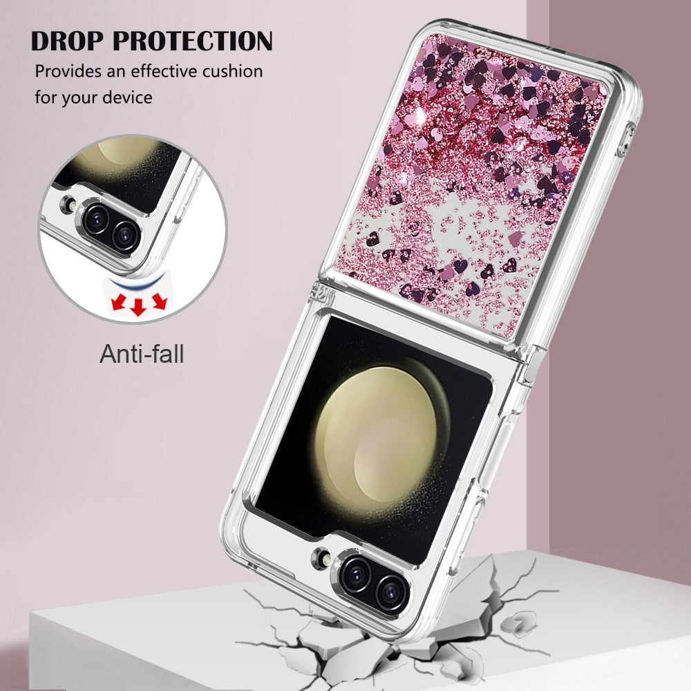 For Samsung Galaxy Z Flip7 FE 5G / Z Flip6 5G TPU Case Glitter Quicksand Shockproof Phone Back Cover - Rose Gold / Hearts