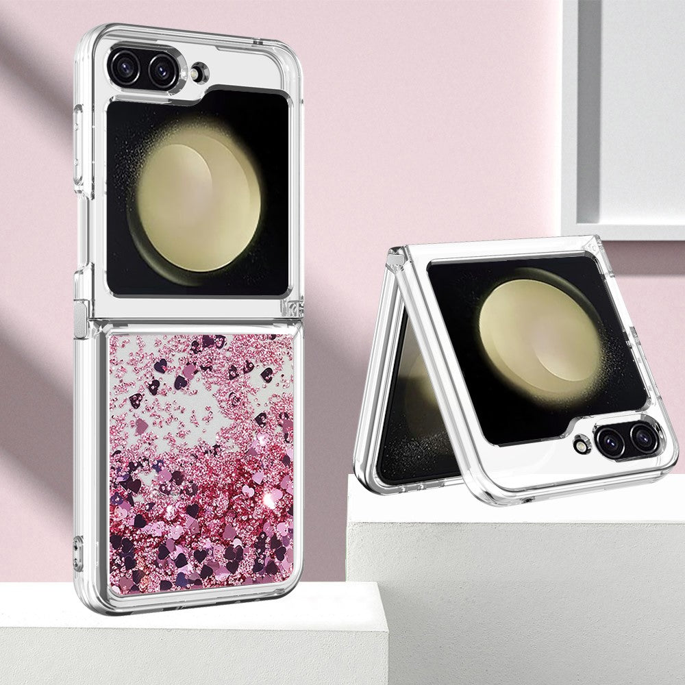For Samsung Galaxy Z Flip7 FE 5G / Z Flip6 5G TPU Case Glitter Quicksand Shockproof Phone Back Cover - Rose Gold / Hearts