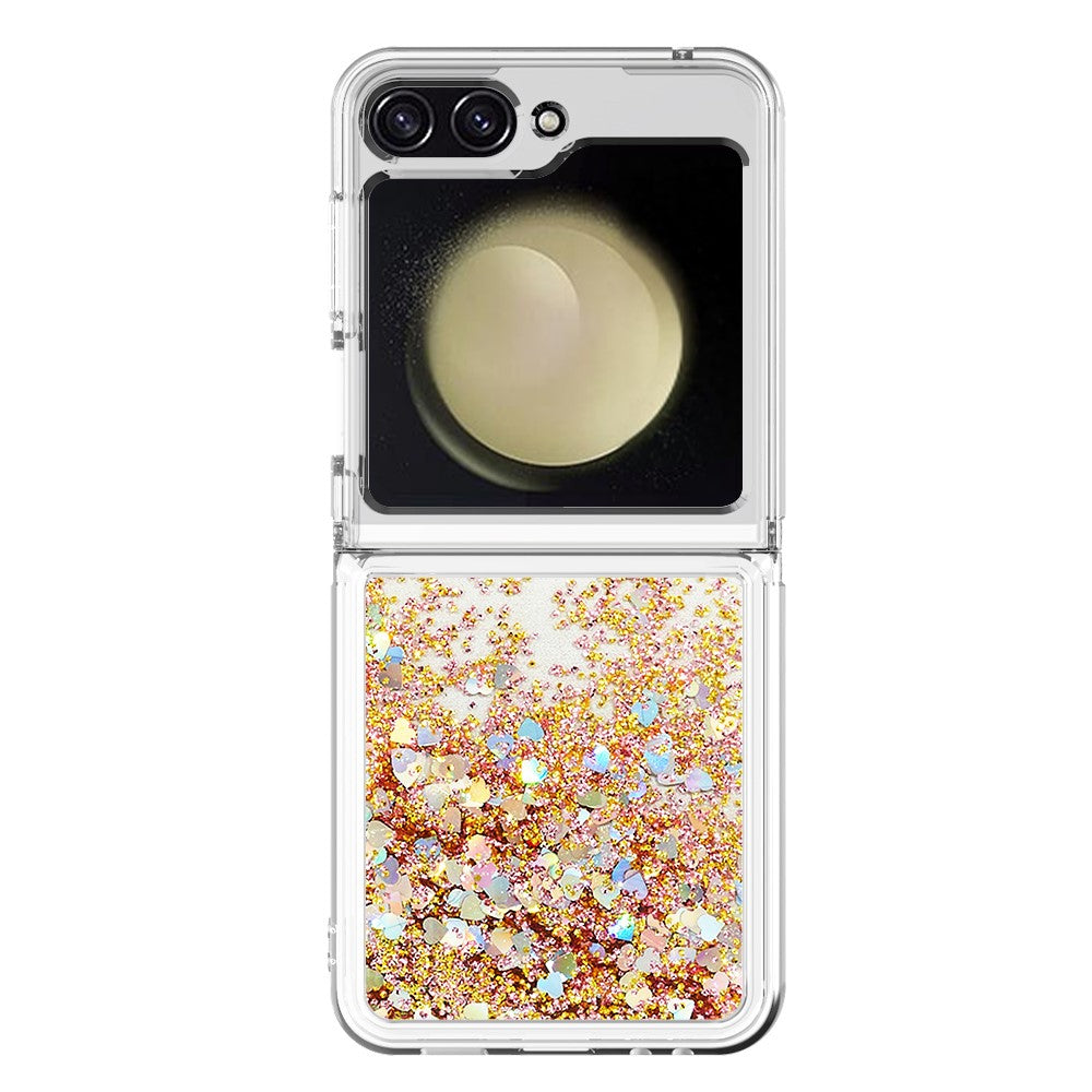For Samsung Galaxy Z Flip7 FE 5G / Z Flip6 5G TPU Case Glitter Quicksand Shockproof Phone Back Cover - Gold / Hearts