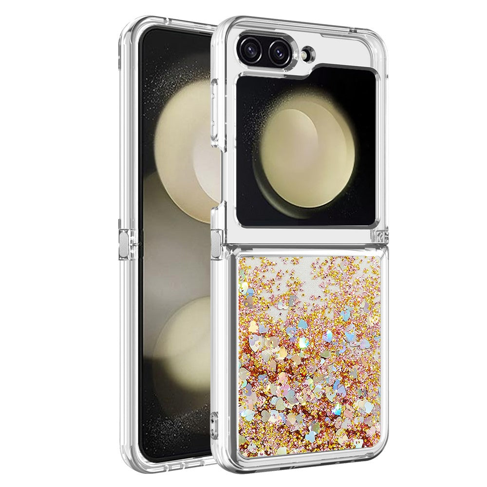 For Samsung Galaxy Z Flip7 FE 5G / Z Flip6 5G TPU Case Glitter Quicksand Shockproof Phone Back Cover - Gold / Hearts