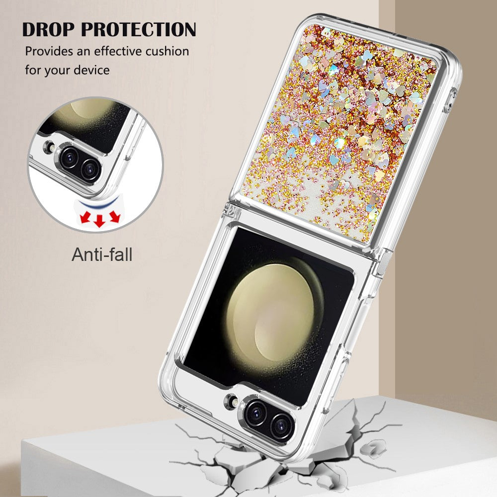 For Samsung Galaxy Z Flip7 FE 5G / Z Flip6 5G TPU Case Glitter Quicksand Shockproof Phone Back Cover - Gold / Hearts
