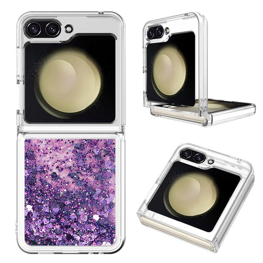 For Samsung Galaxy Z Flip7 FE 5G / Z Flip6 5G TPU Case Glitter Quicksand Shockproof Phone Back Cover - Dark Purple / Hearts