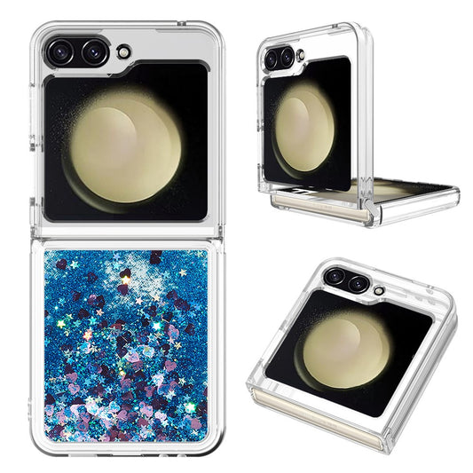 For Samsung Galaxy Z Flip7 FE 5G / Z Flip6 5G TPU Case Glitter Quicksand Shockproof Phone Back Cover - Blue / Hearts