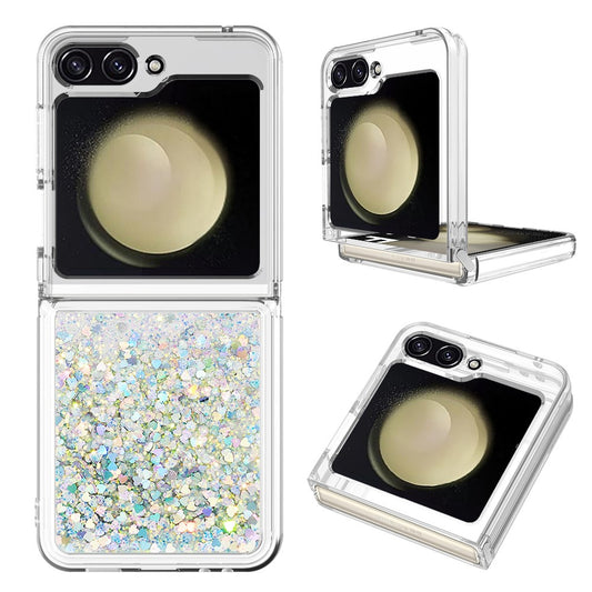 For Samsung Galaxy Z Flip7 FE 5G / Z Flip6 5G TPU Case Glitter Quicksand Shockproof Phone Back Cover - Silver / Hearts