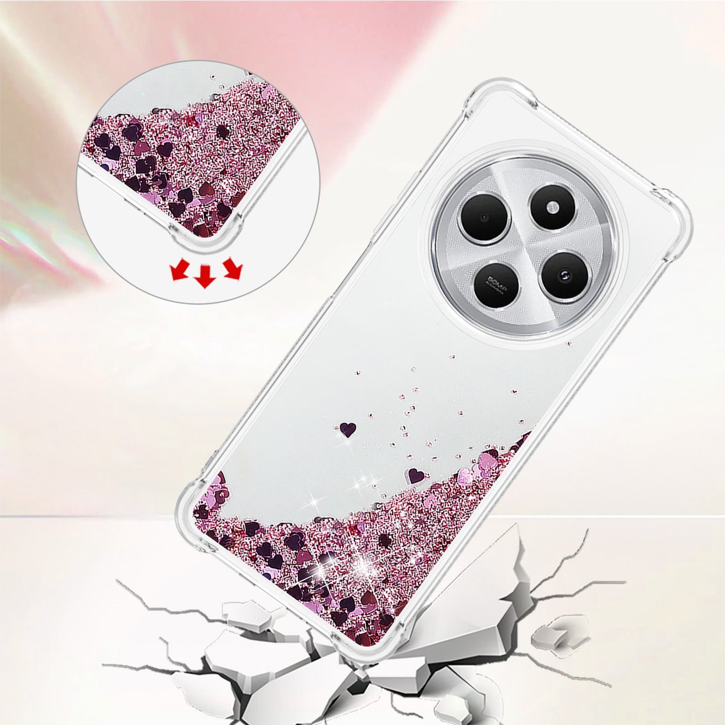 For Xiaomi Redmi 14R 5G / Xiaomi Poco C75 4G / Xiaomi Redmi 14C 4G Case Quicksand Anti-Drop TPU Phone Cover - Rose Gold / Hearts
