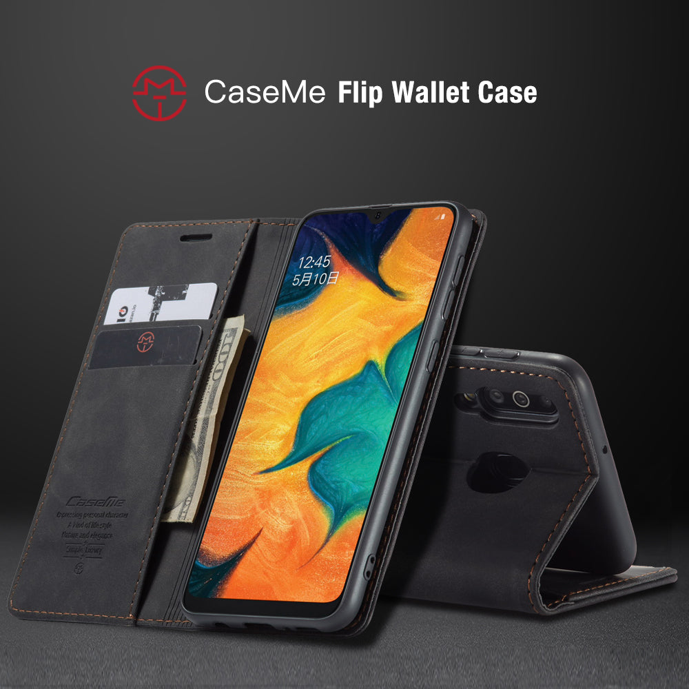 For Samsung Galaxy M30 / Galaxy A40s Case CASEME 013 Series Card Holder Stand Leather Phone Cover - Black