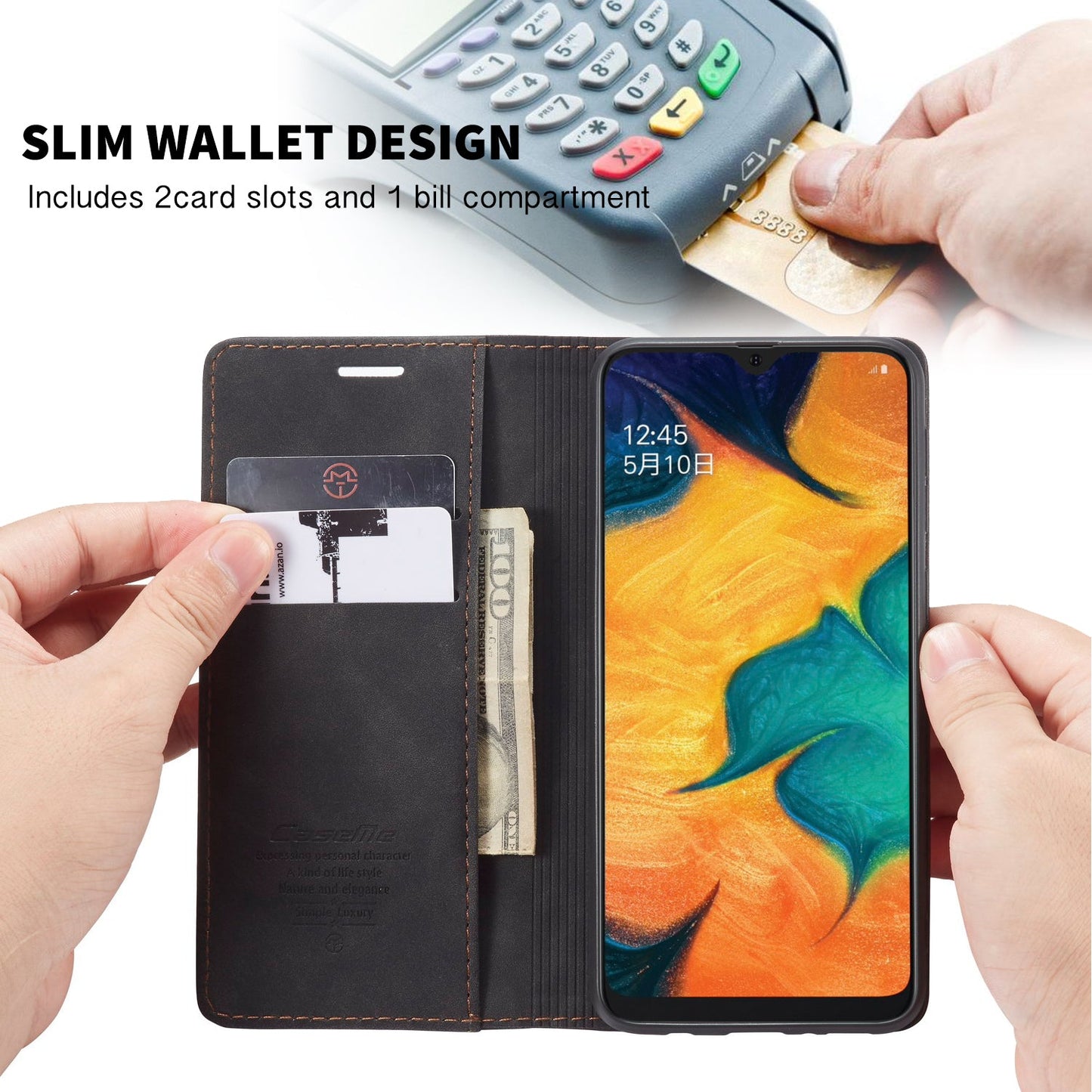 For Samsung Galaxy M30 / Galaxy A40s Case CASEME 013 Series Card Holder Stand Leather Phone Cover - Black