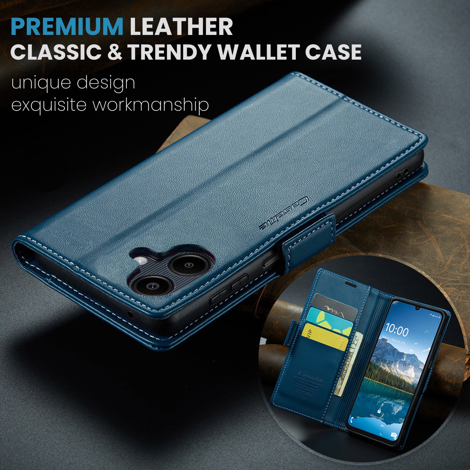 For Samsung Galaxy A06 Case CASEME 023 Series RFID Blocking Glossy Stand Phone Cover - Blue