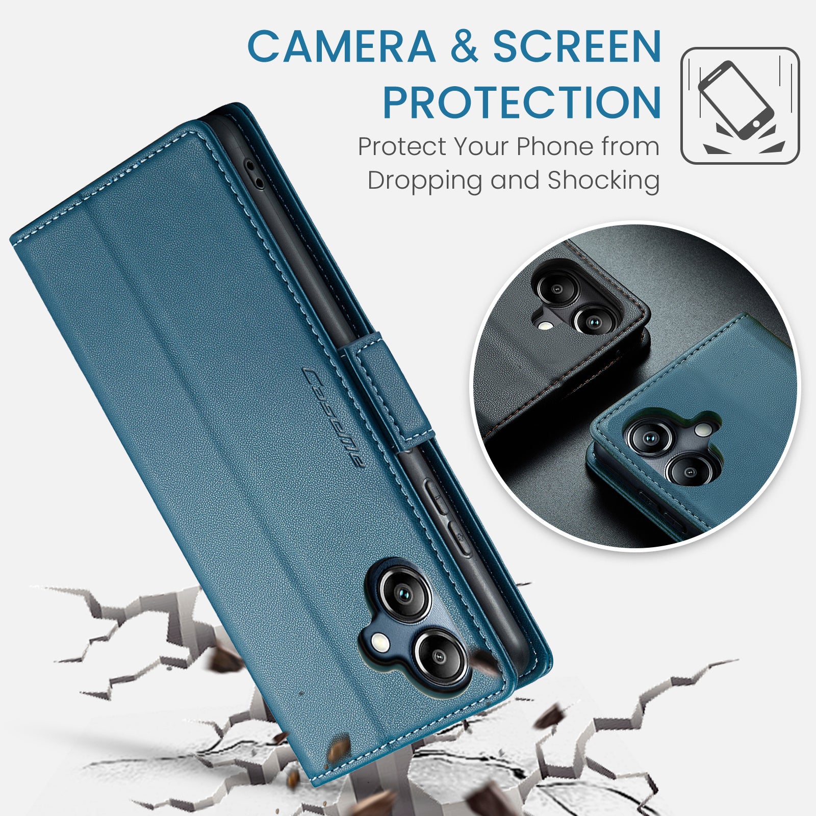 For Samsung Galaxy A06 Case CASEME 023 Series RFID Blocking Glossy Stand Phone Cover - Blue