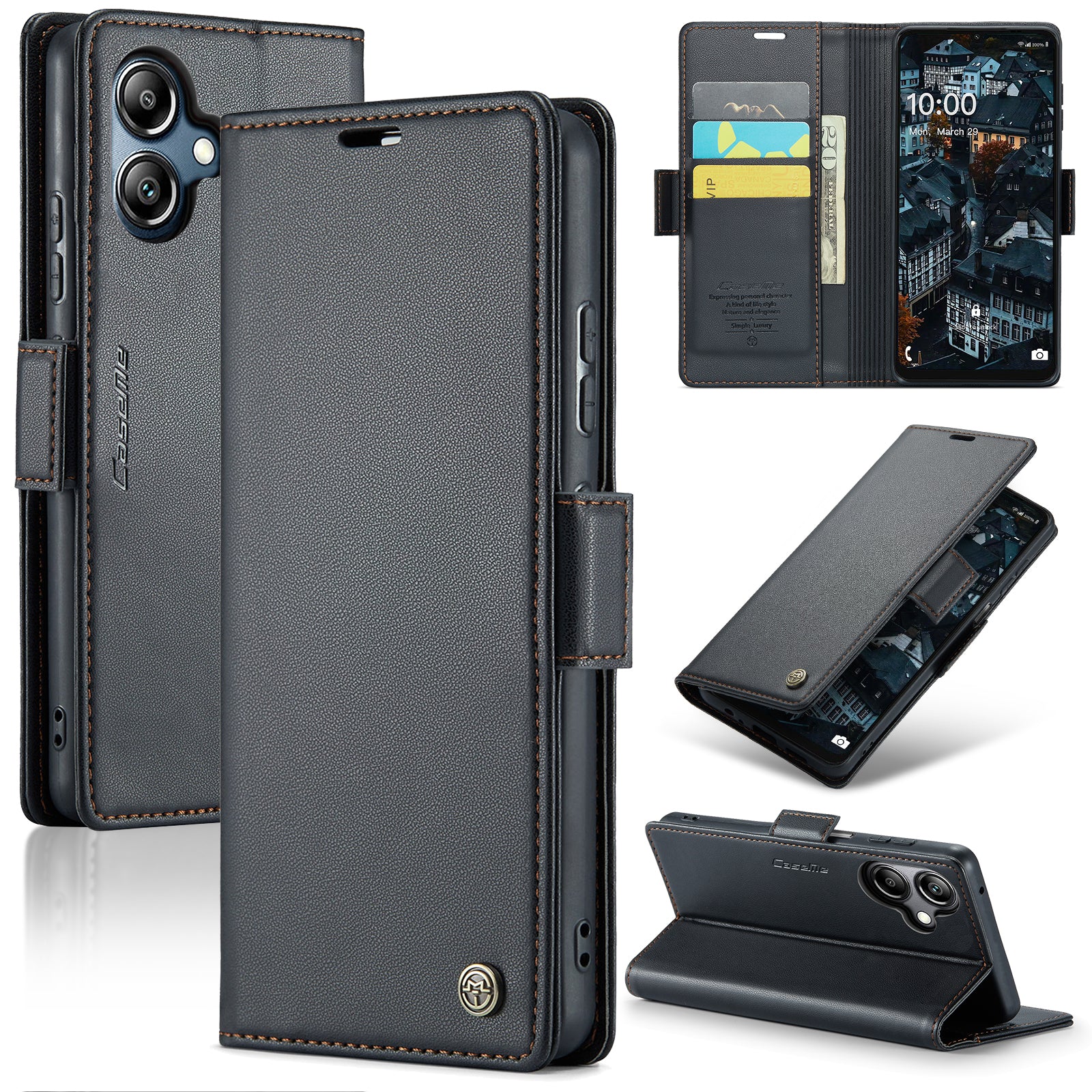 For Samsung Galaxy A06 Case CASEME 023 Series RFID Blocking Glossy Stand Phone Cover - Black