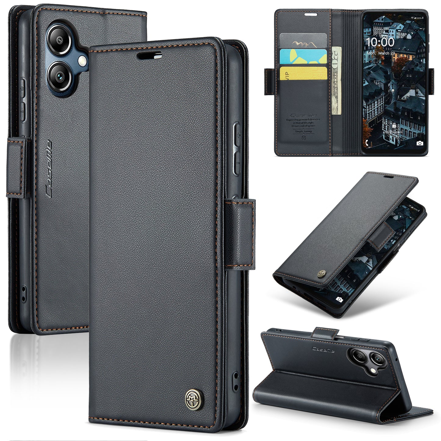 For Samsung Galaxy A06 Case CASEME 023 Series RFID Blocking Glossy Stand Phone Cover - Black