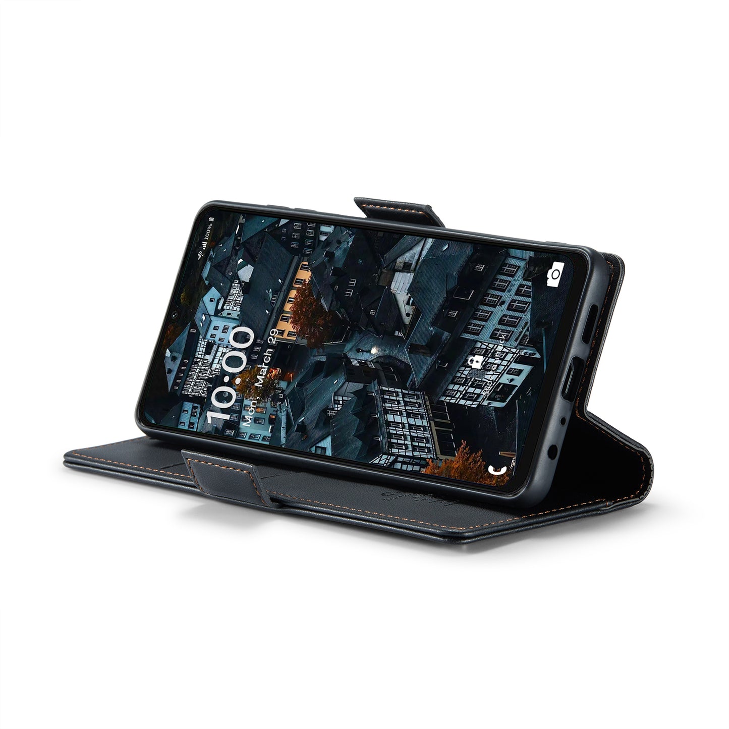For Samsung Galaxy A06 Case CASEME 023 Series RFID Blocking Glossy Stand Phone Cover - Black