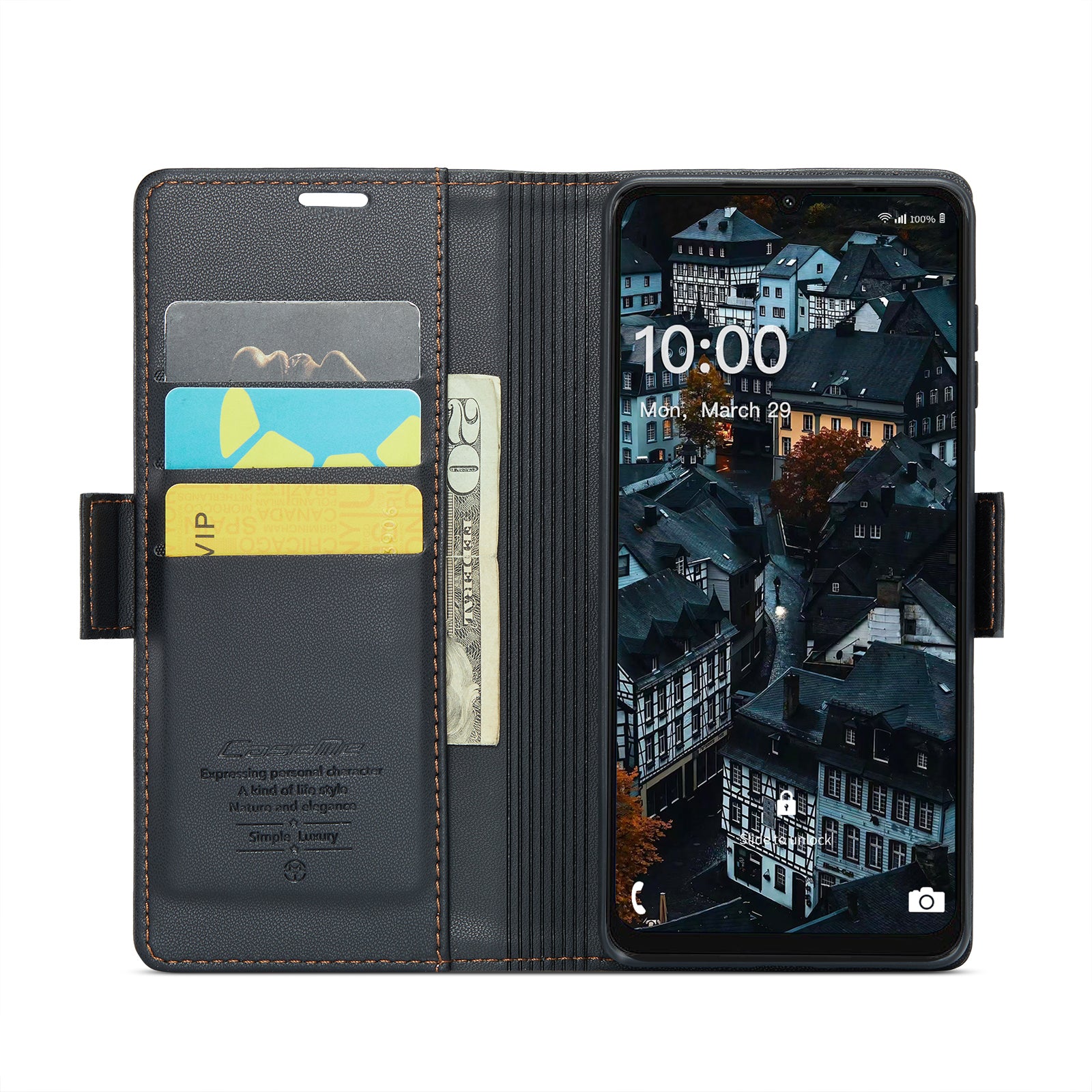 For Samsung Galaxy A06 Case CASEME 023 Series RFID Blocking Glossy Stand Phone Cover - Black