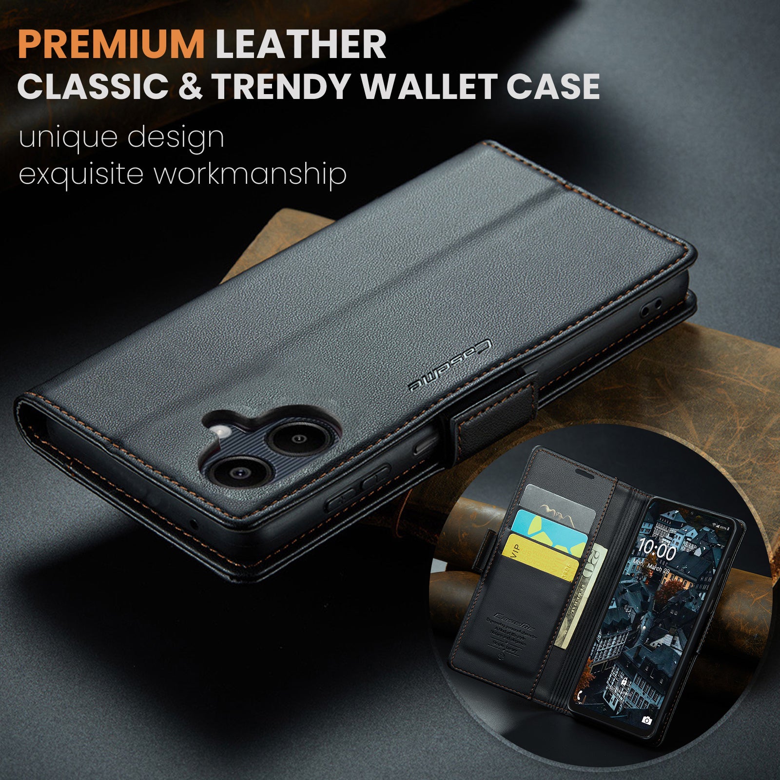 For Samsung Galaxy A06 Case CASEME 023 Series RFID Blocking Glossy Stand Phone Cover - Black