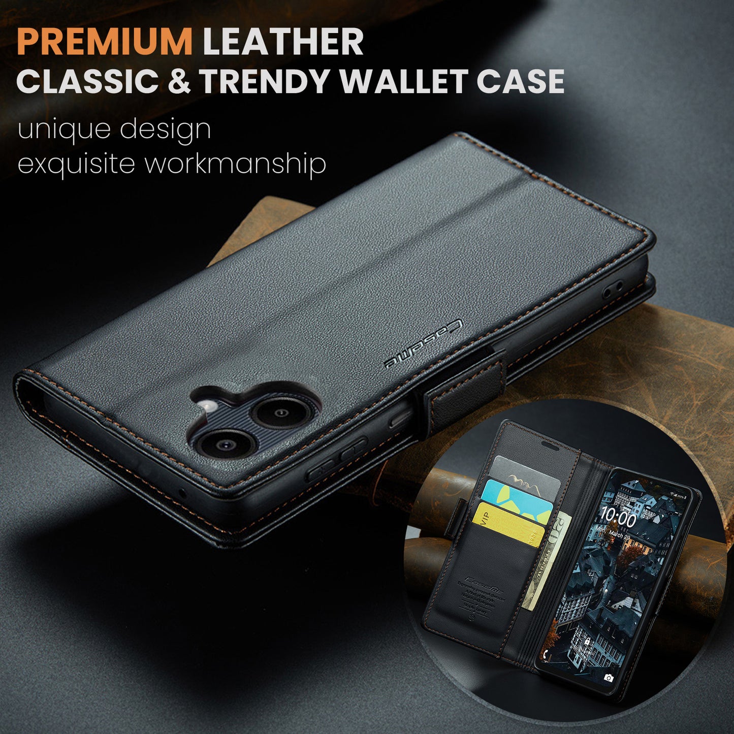 For Samsung Galaxy A06 Case CASEME 023 Series RFID Blocking Glossy Stand Phone Cover - Black