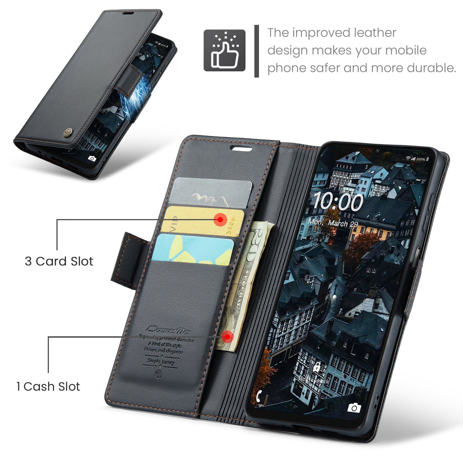 For Samsung Galaxy A06 Case CASEME 023 Series RFID Blocking Glossy Stand Phone Cover - Black