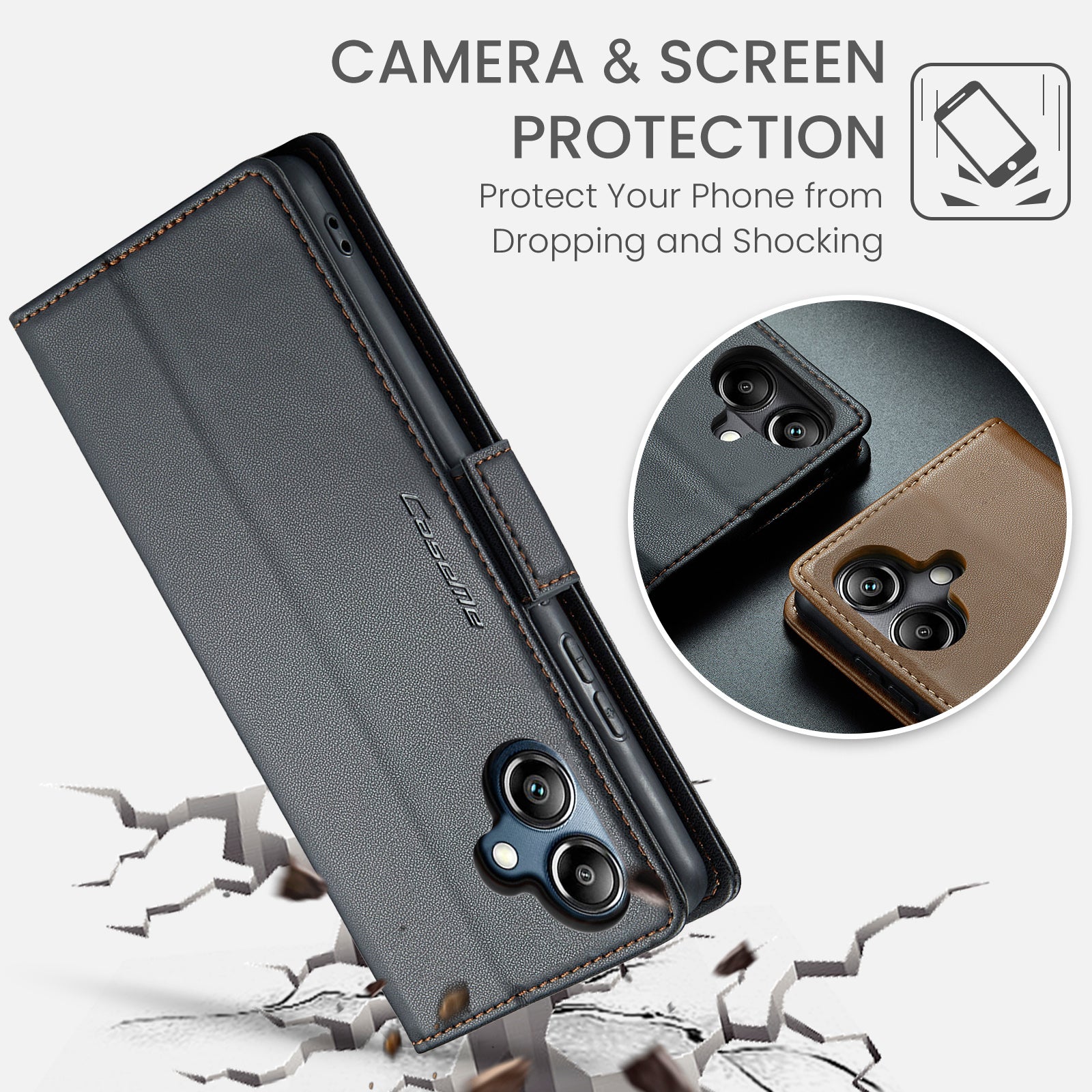 For Samsung Galaxy A06 Case CASEME 023 Series RFID Blocking Glossy Stand Phone Cover - Black