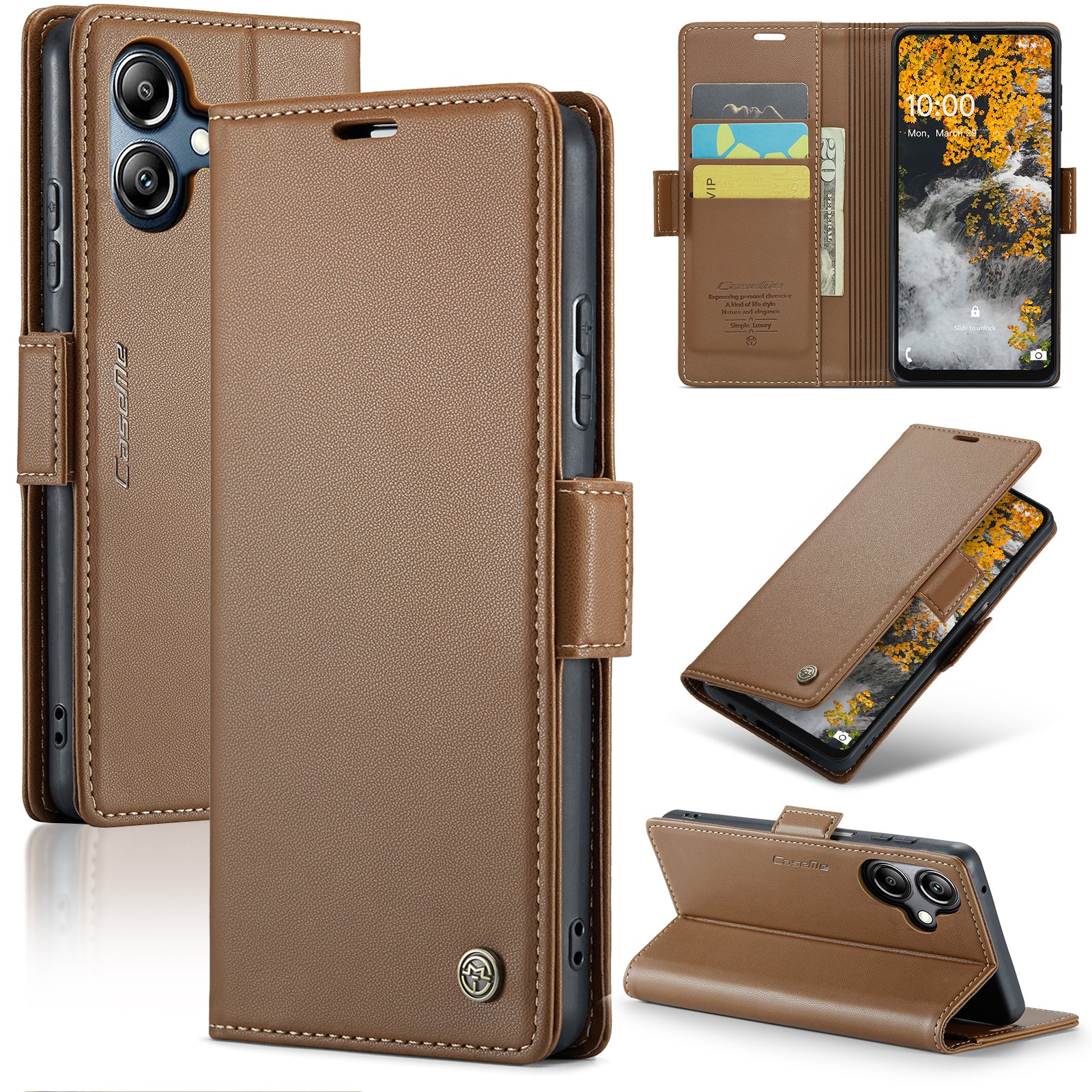 For Samsung Galaxy A06 Case CASEME 023 Series RFID Blocking Glossy Stand Phone Cover - Brown