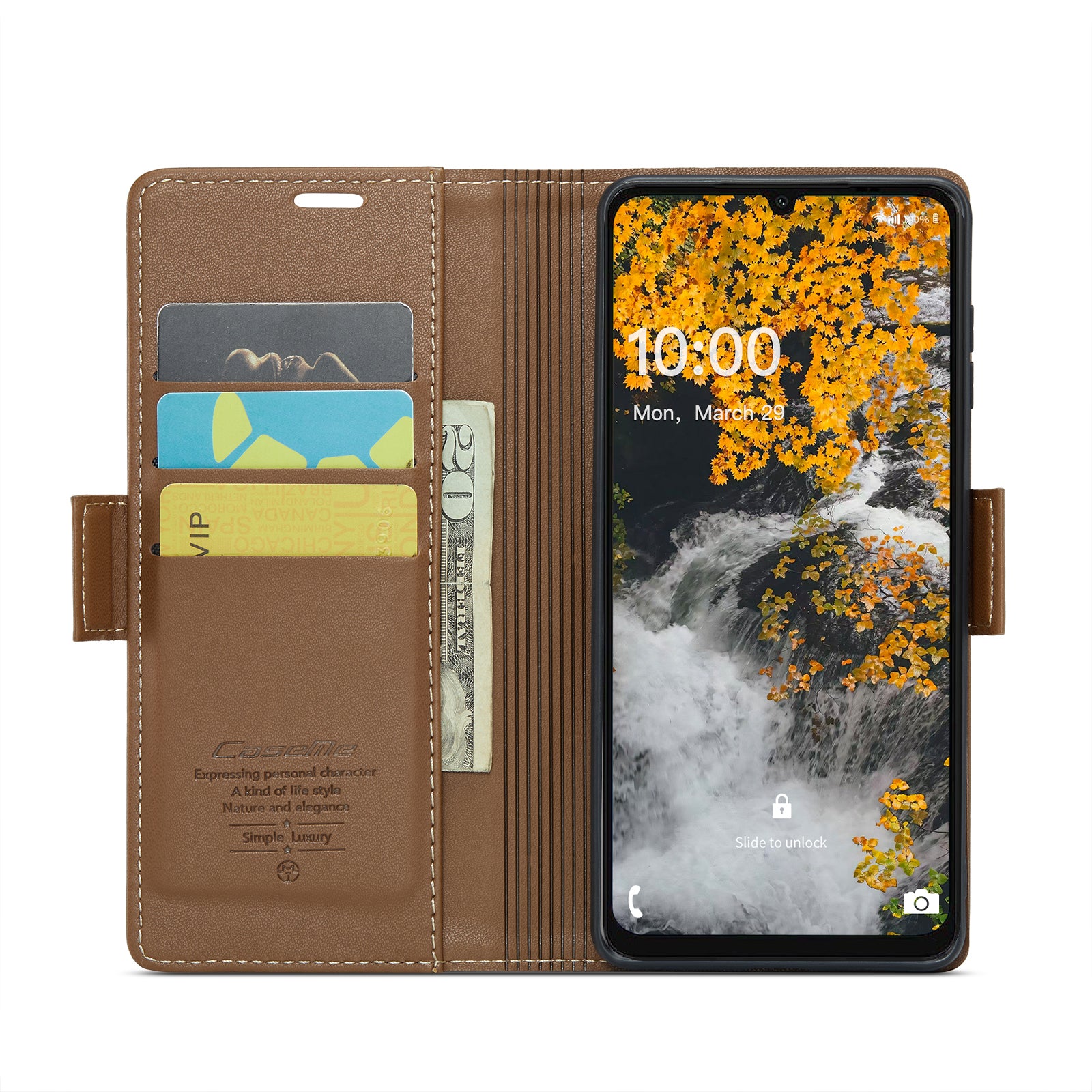 For Samsung Galaxy A06 Case CASEME 023 Series RFID Blocking Glossy Stand Phone Cover - Brown