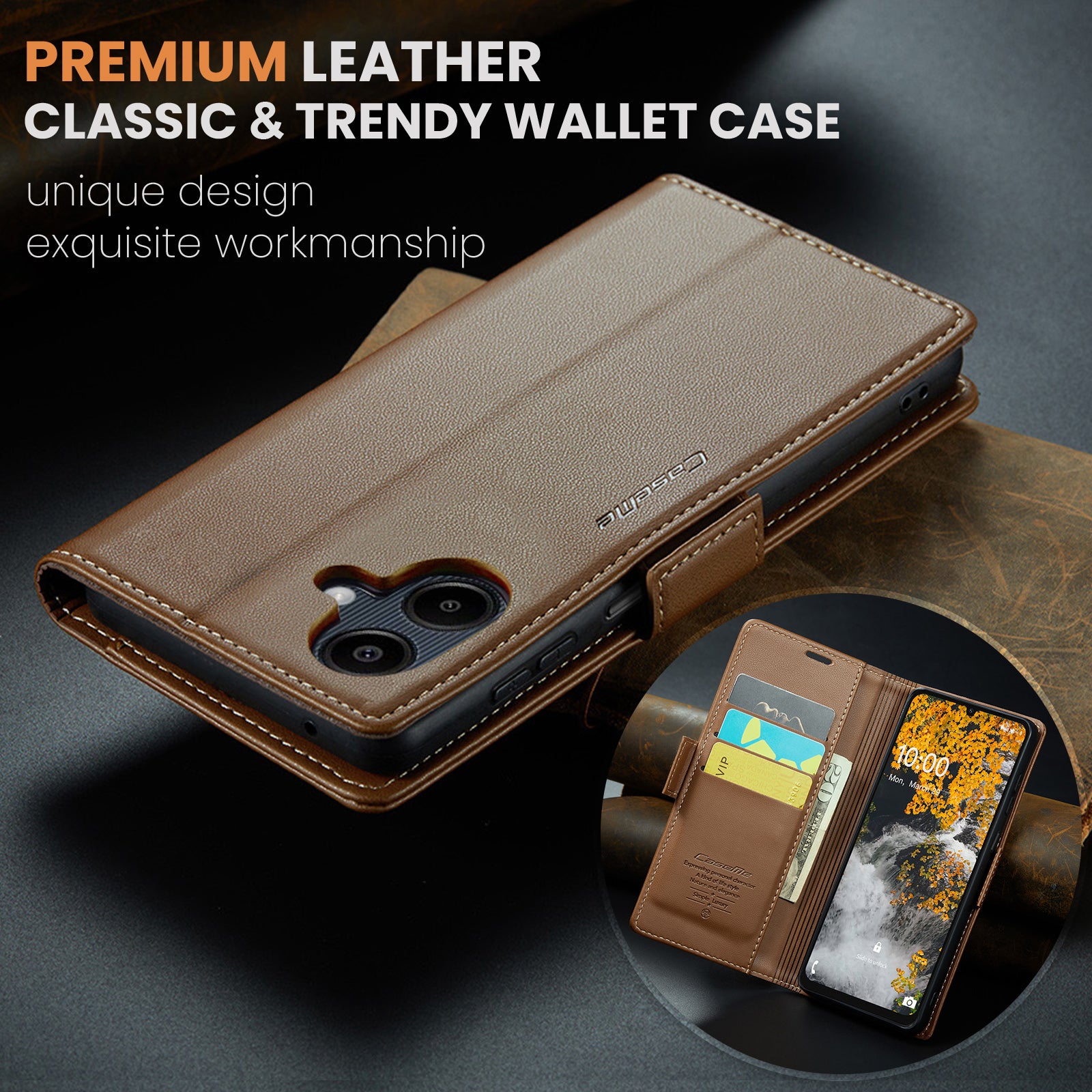 For Samsung Galaxy A06 Case CASEME 023 Series RFID Blocking Glossy Stand Phone Cover - Brown