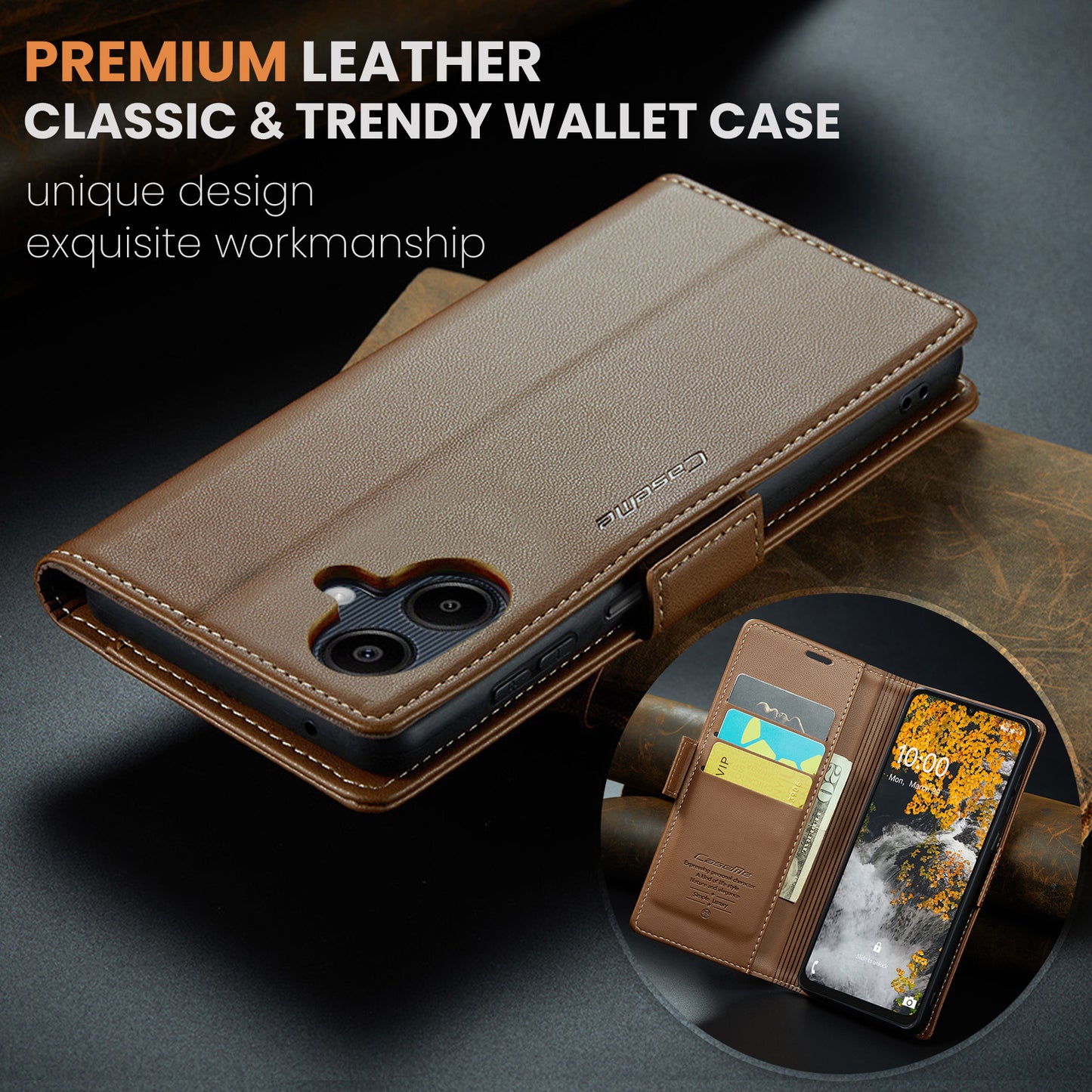 For Samsung Galaxy A06 Case CASEME 023 Series RFID Blocking Glossy Stand Phone Cover - Brown