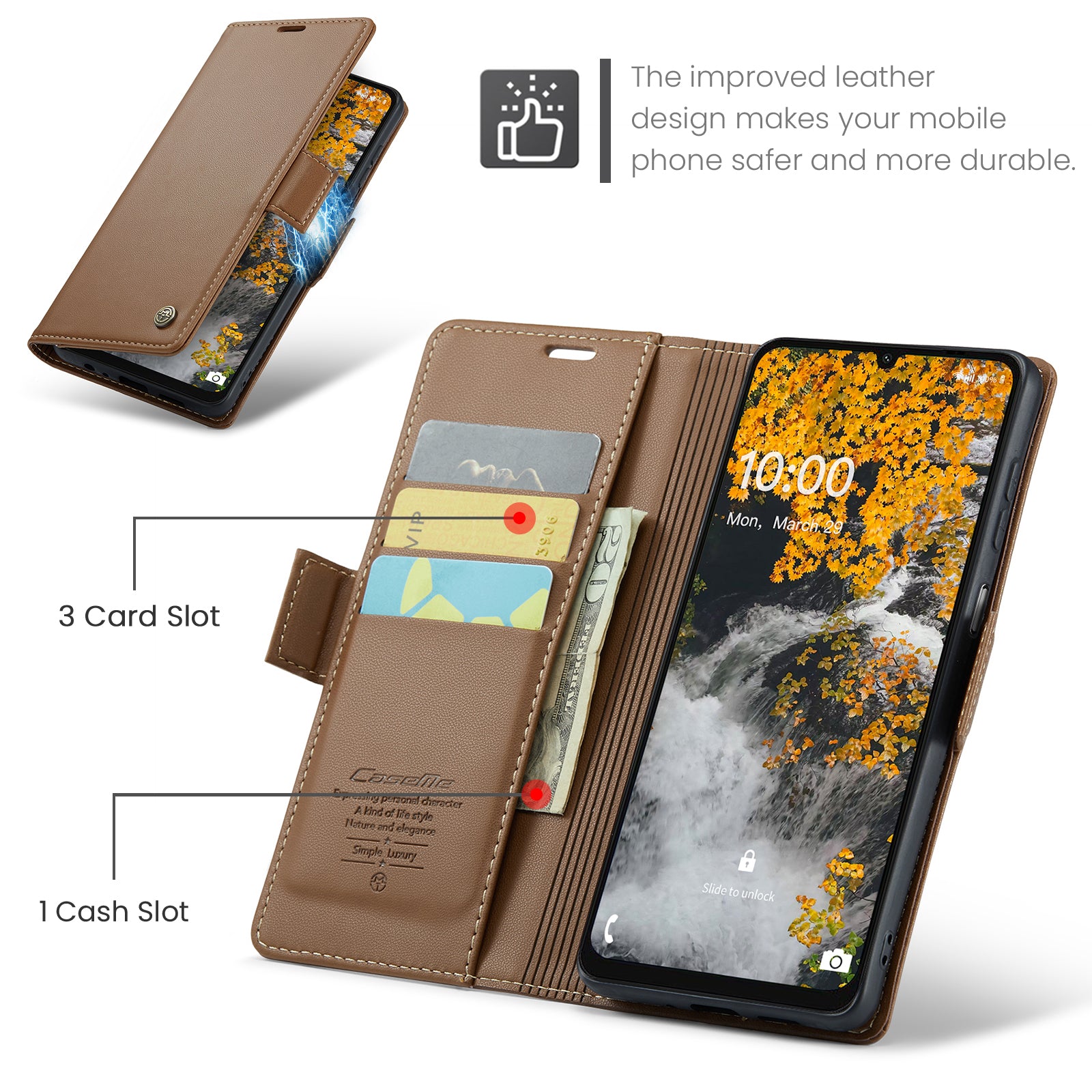 For Samsung Galaxy A06 Case CASEME 023 Series RFID Blocking Glossy Stand Phone Cover - Brown