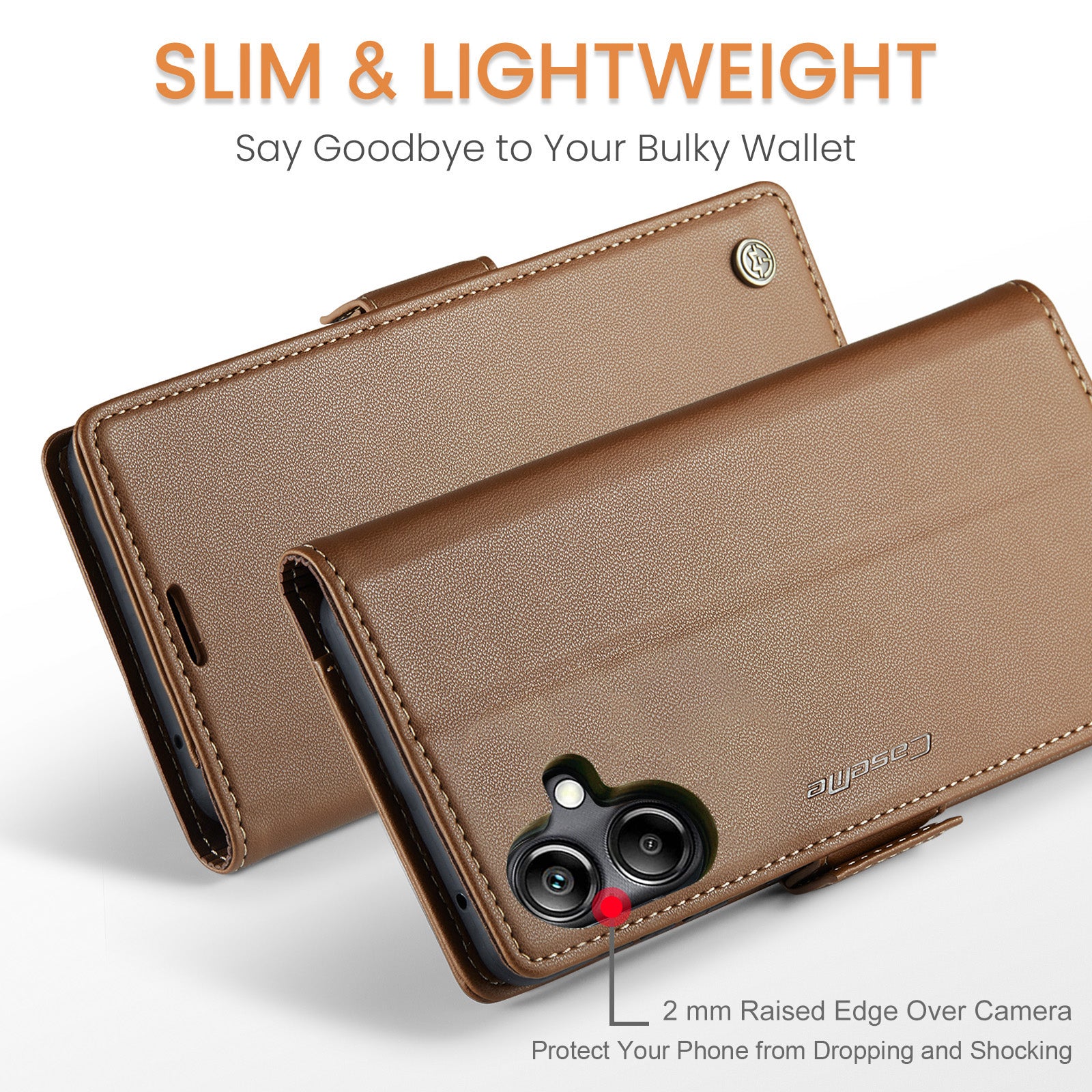 For Samsung Galaxy A06 Case CASEME 023 Series RFID Blocking Glossy Stand Phone Cover - Brown