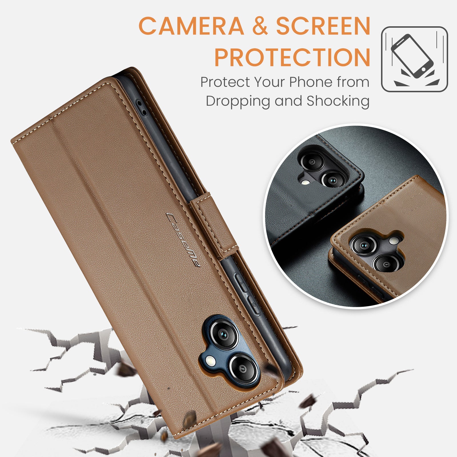 For Samsung Galaxy A06 Case CASEME 023 Series RFID Blocking Glossy Stand Phone Cover - Brown