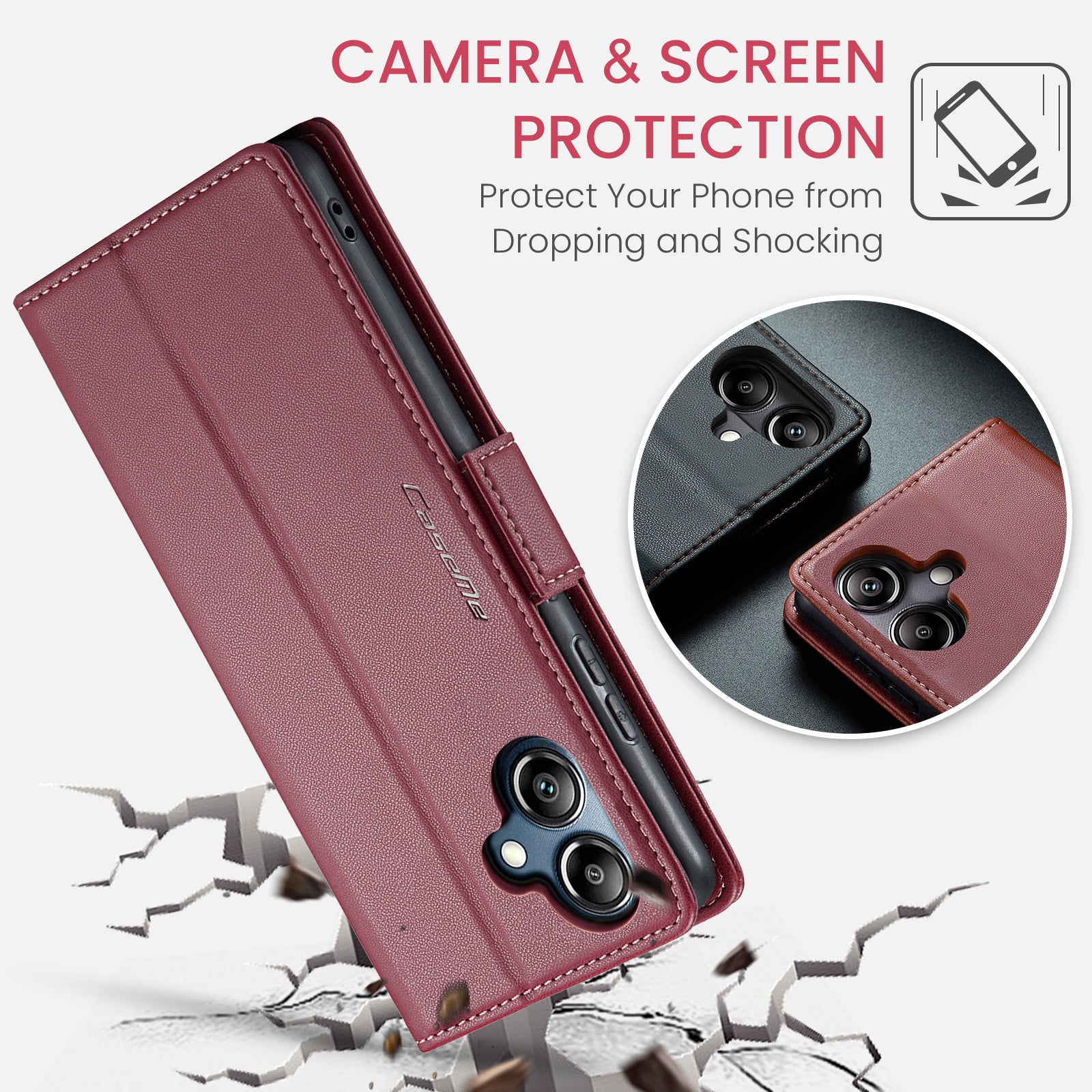For Samsung Galaxy A06 Case CASEME 023 Series RFID Blocking Glossy Stand Phone Cover - Red