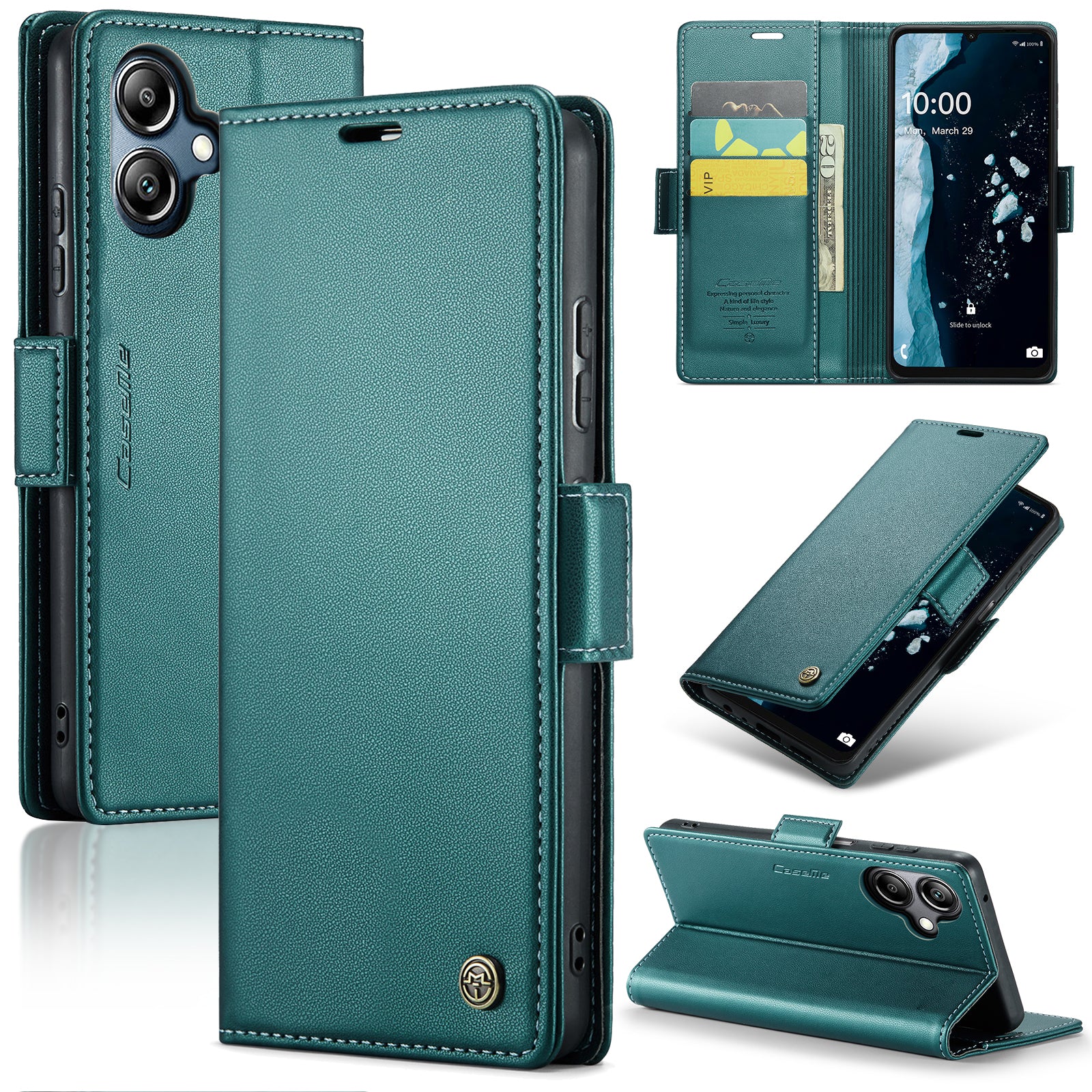 For Samsung Galaxy A06 Case CASEME 023 Series RFID Blocking Glossy Stand Phone Cover - Green