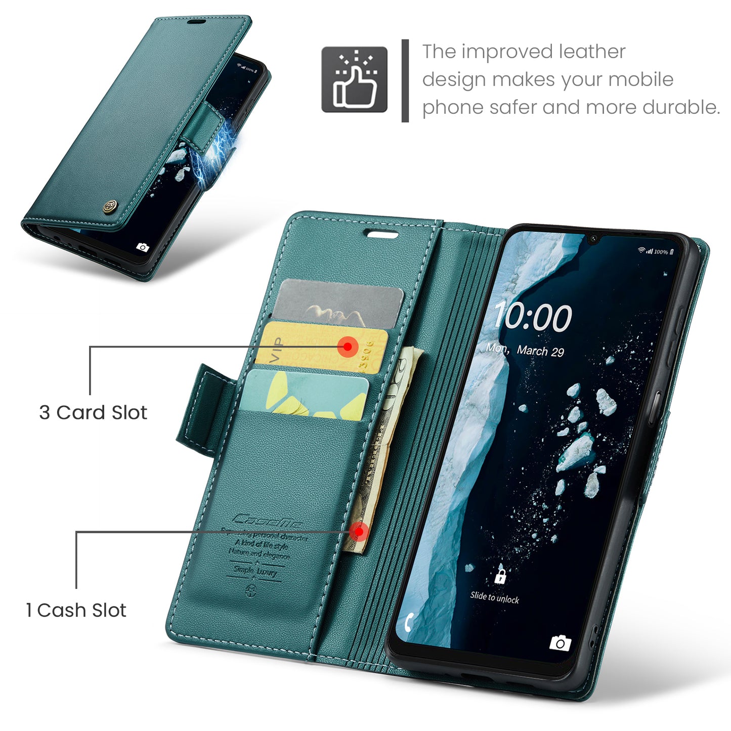 For Samsung Galaxy A06 Case CASEME 023 Series RFID Blocking Glossy Stand Phone Cover - Green