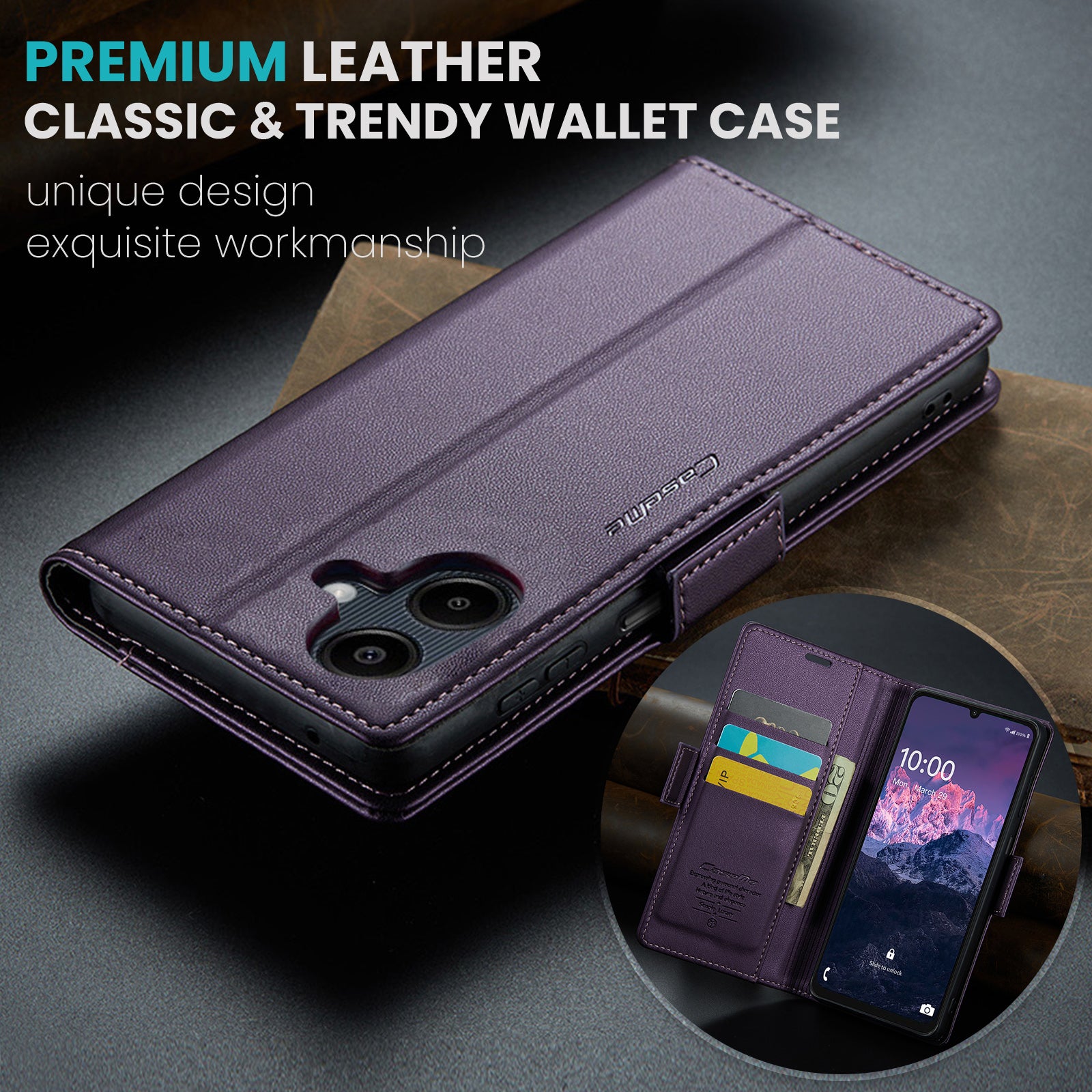 For Samsung Galaxy A06 Case CASEME 023 Series RFID Blocking Glossy Stand Phone Cover - Purple