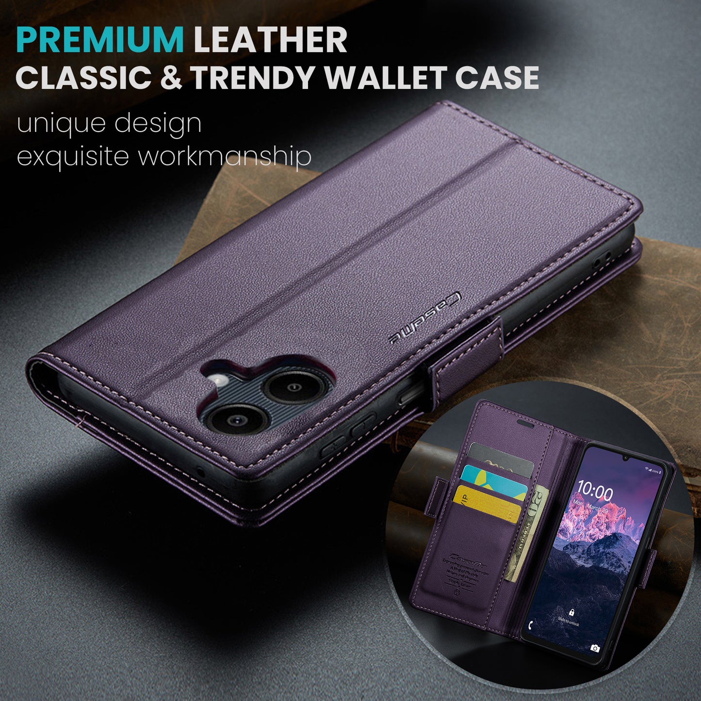 For Samsung Galaxy A06 Case CASEME 023 Series RFID Blocking Glossy Stand Phone Cover - Purple