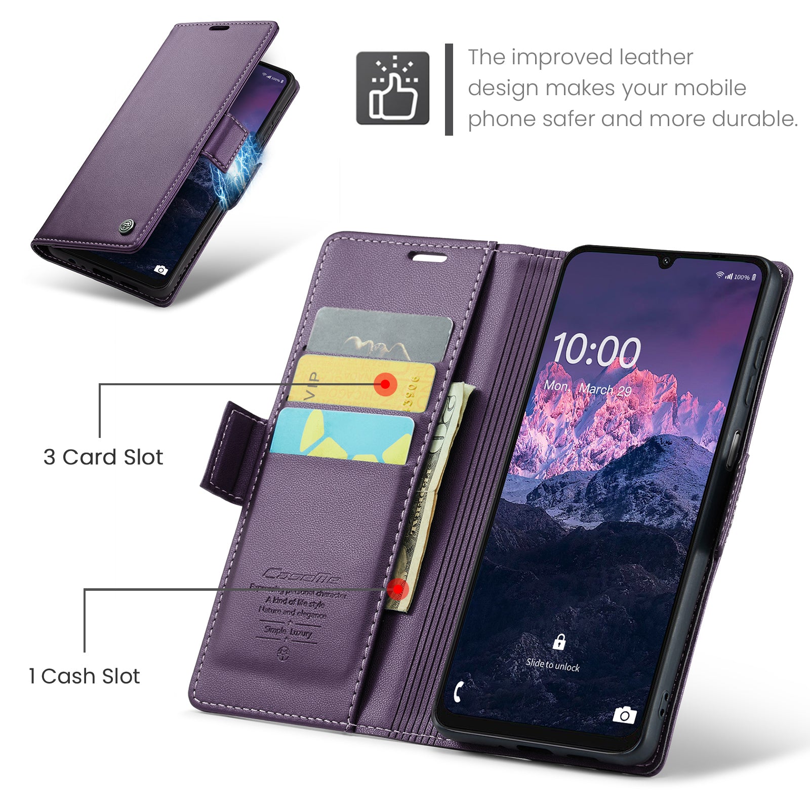 For Samsung Galaxy A06 Case CASEME 023 Series RFID Blocking Glossy Stand Phone Cover - Purple