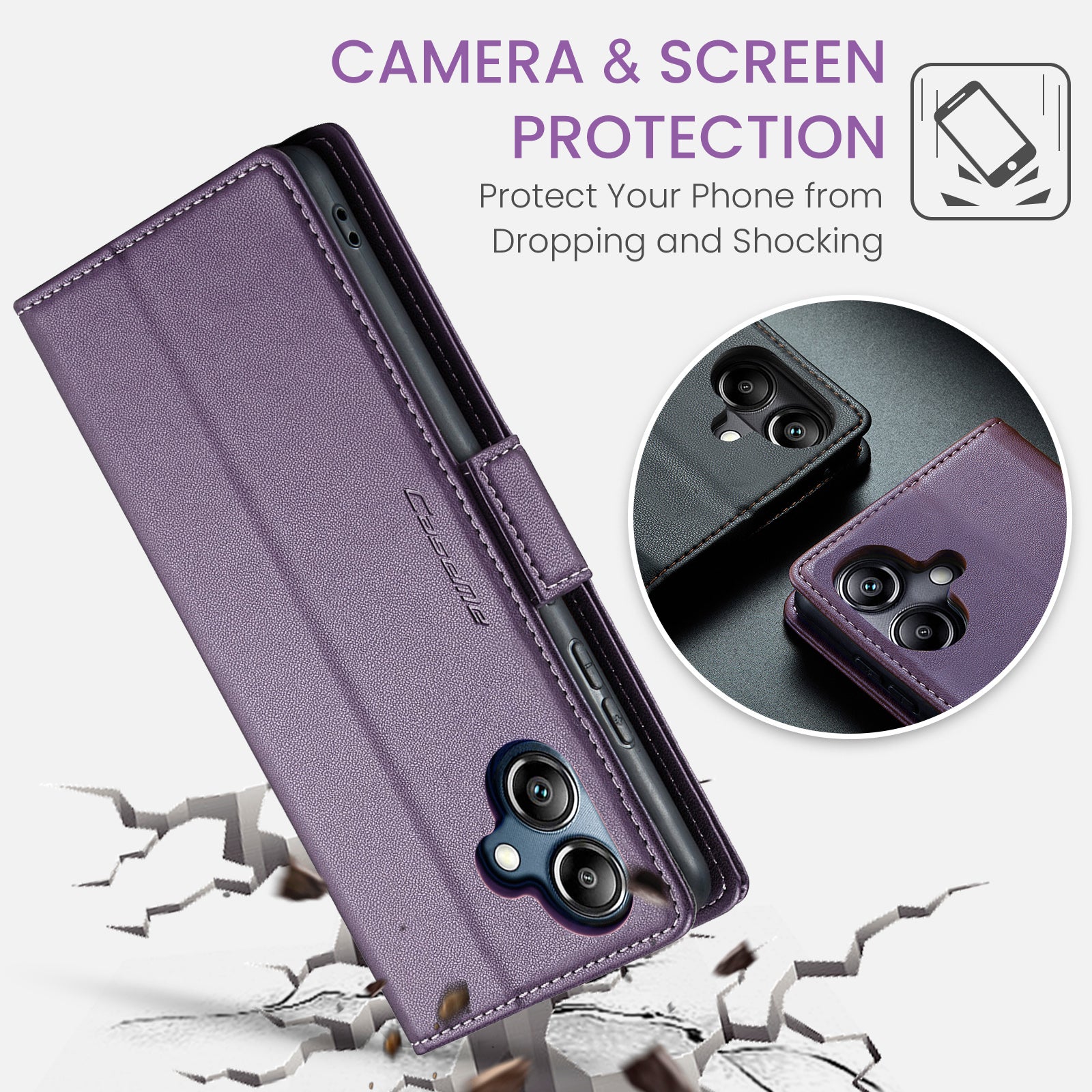 For Samsung Galaxy A06 Case CASEME 023 Series RFID Blocking Glossy Stand Phone Cover - Purple