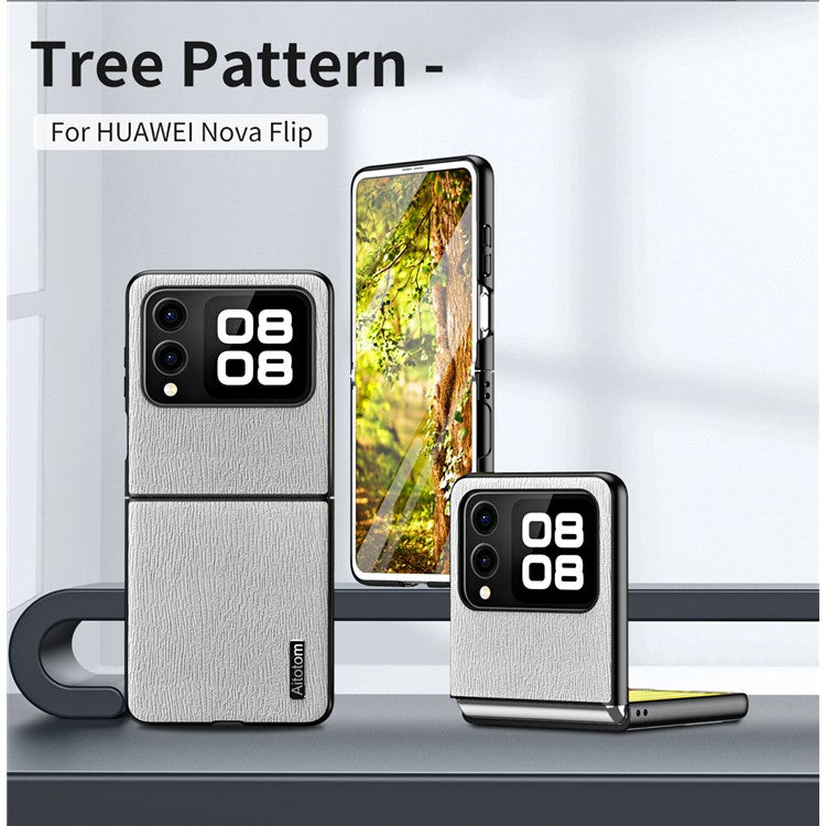 For Huawei nova Flip 5G Case Wood Texture PU Leather Coated PC+TPU Phone Cover - Grey