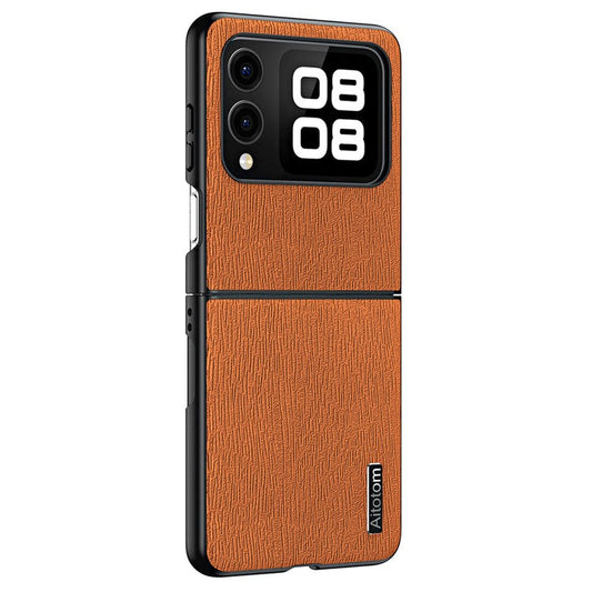 For Huawei nova Flip 5G Case Wood Texture PU Leather Coated PC+TPU Phone Cover - Brown