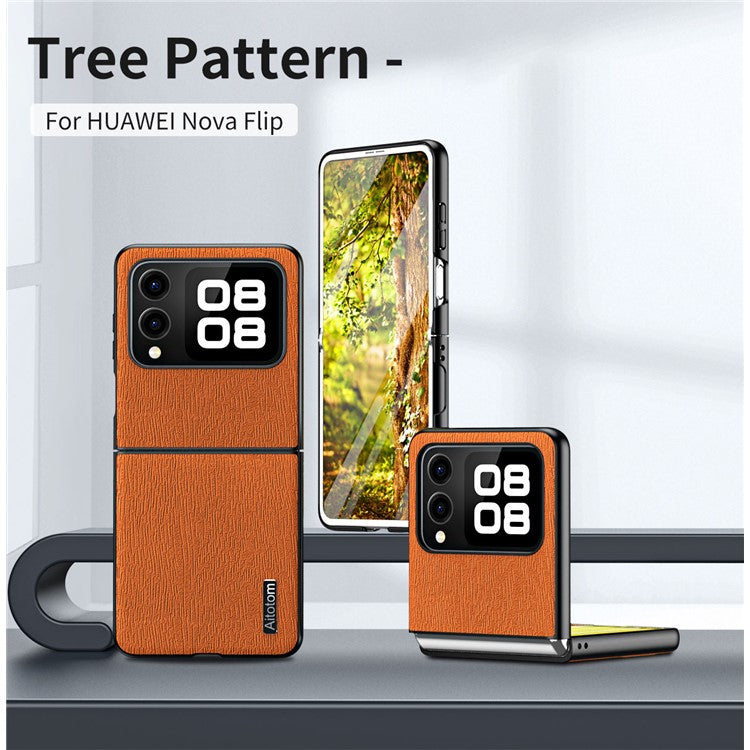 For Huawei nova Flip 5G Case Wood Texture PU Leather Coated PC+TPU Phone Cover - Brown