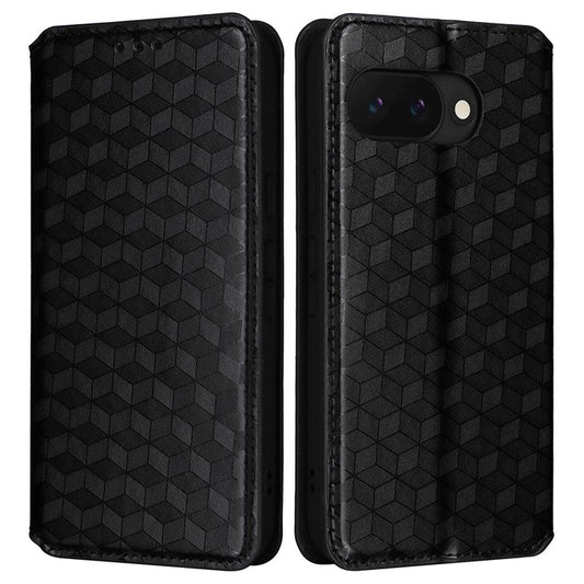 For Google Pixel 9a Wallet Case Rhombus Imprinted Leather Phone Cover - Black