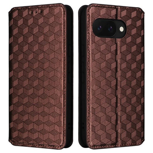 For Google Pixel 9a Wallet Case Rhombus Imprinted Leather Phone Cover - Brown