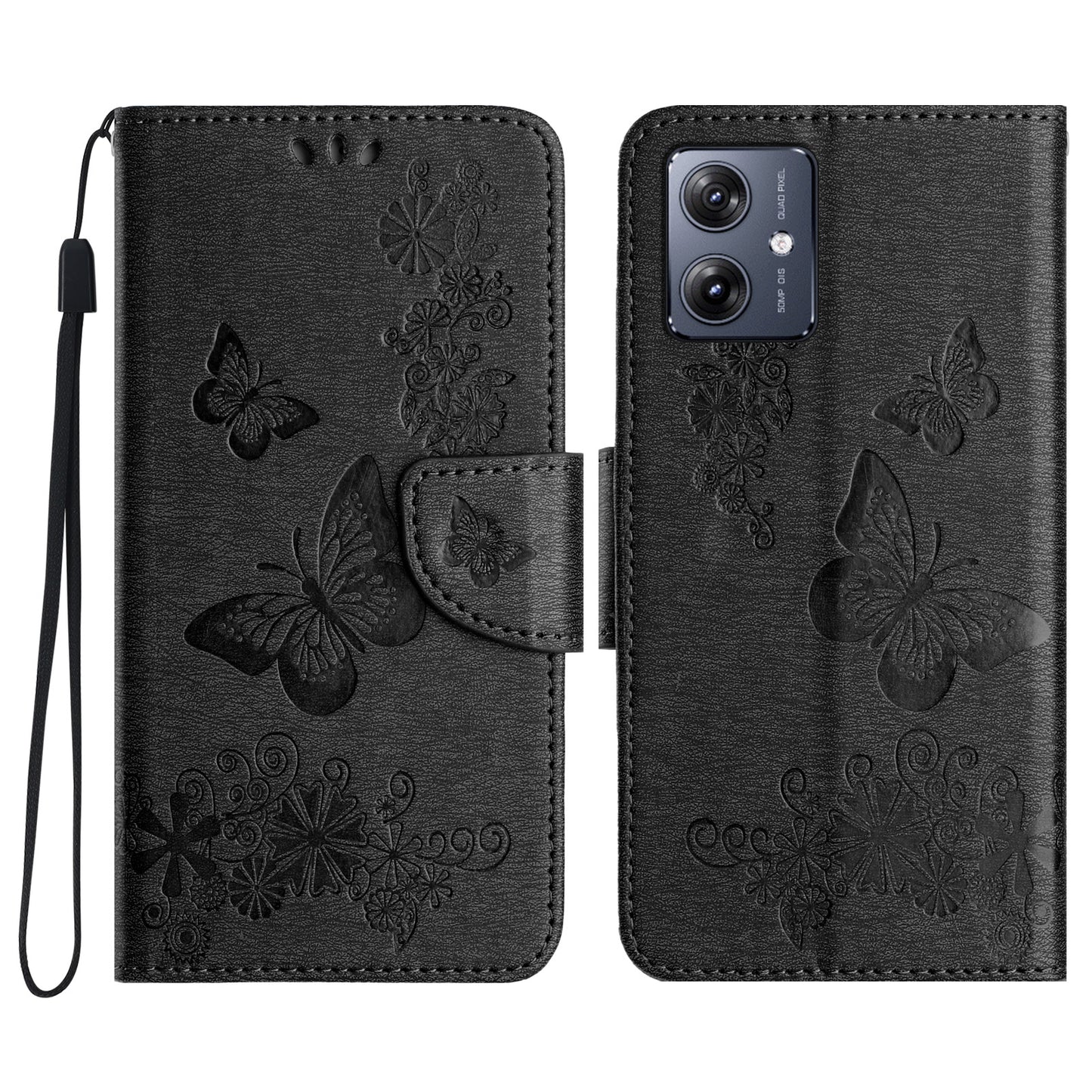 For Samsung Galaxy A06 Case Butterflies Flower Leather Wallet Flip Phone Cover - Black