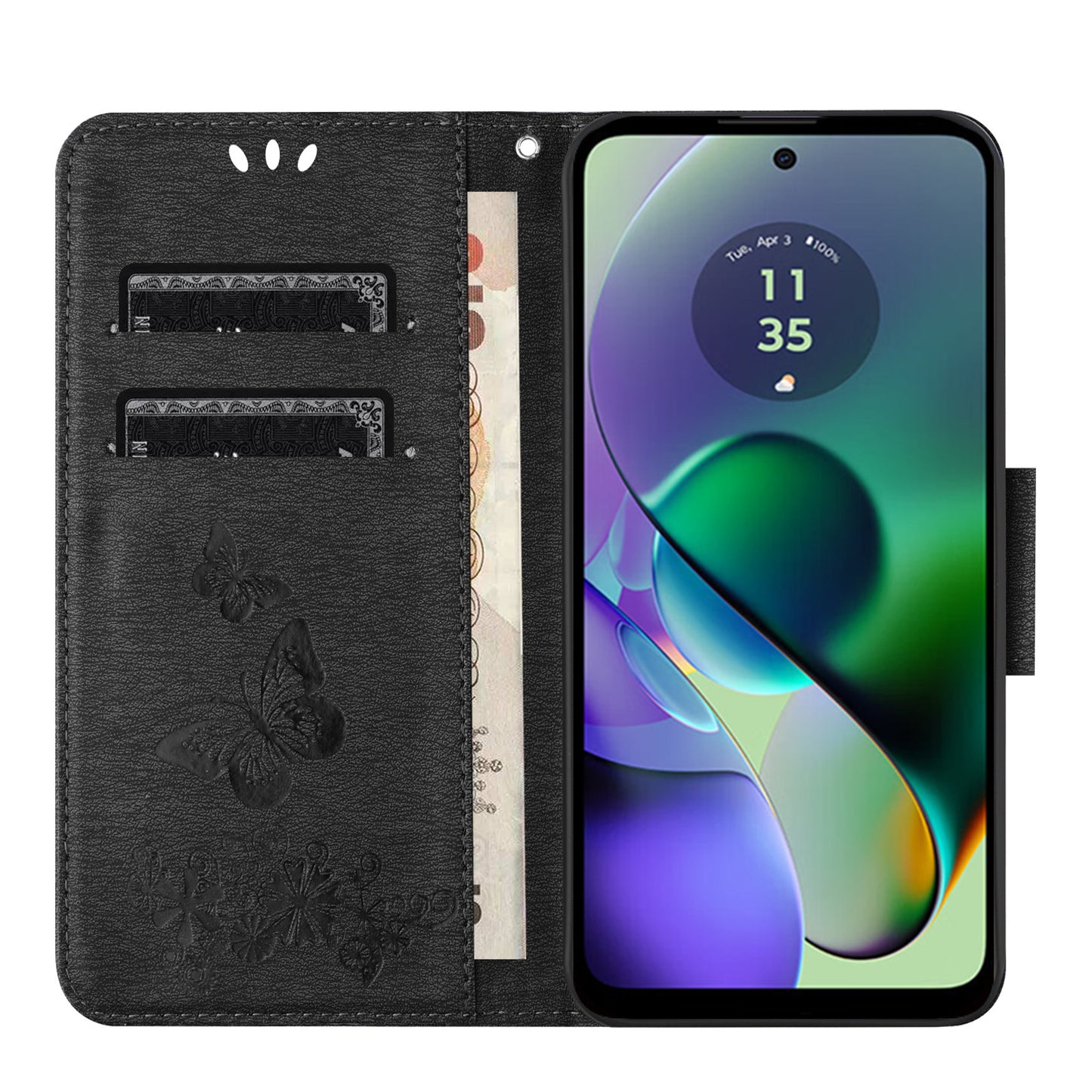 For Samsung Galaxy A06 Case Butterflies Flower Leather Wallet Flip Phone Cover - Black