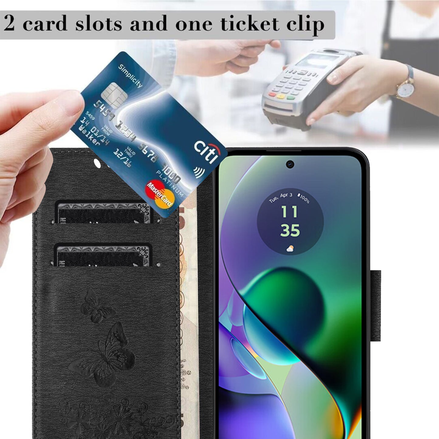 For Samsung Galaxy A06 Case Butterflies Flower Leather Wallet Flip Phone Cover - Black