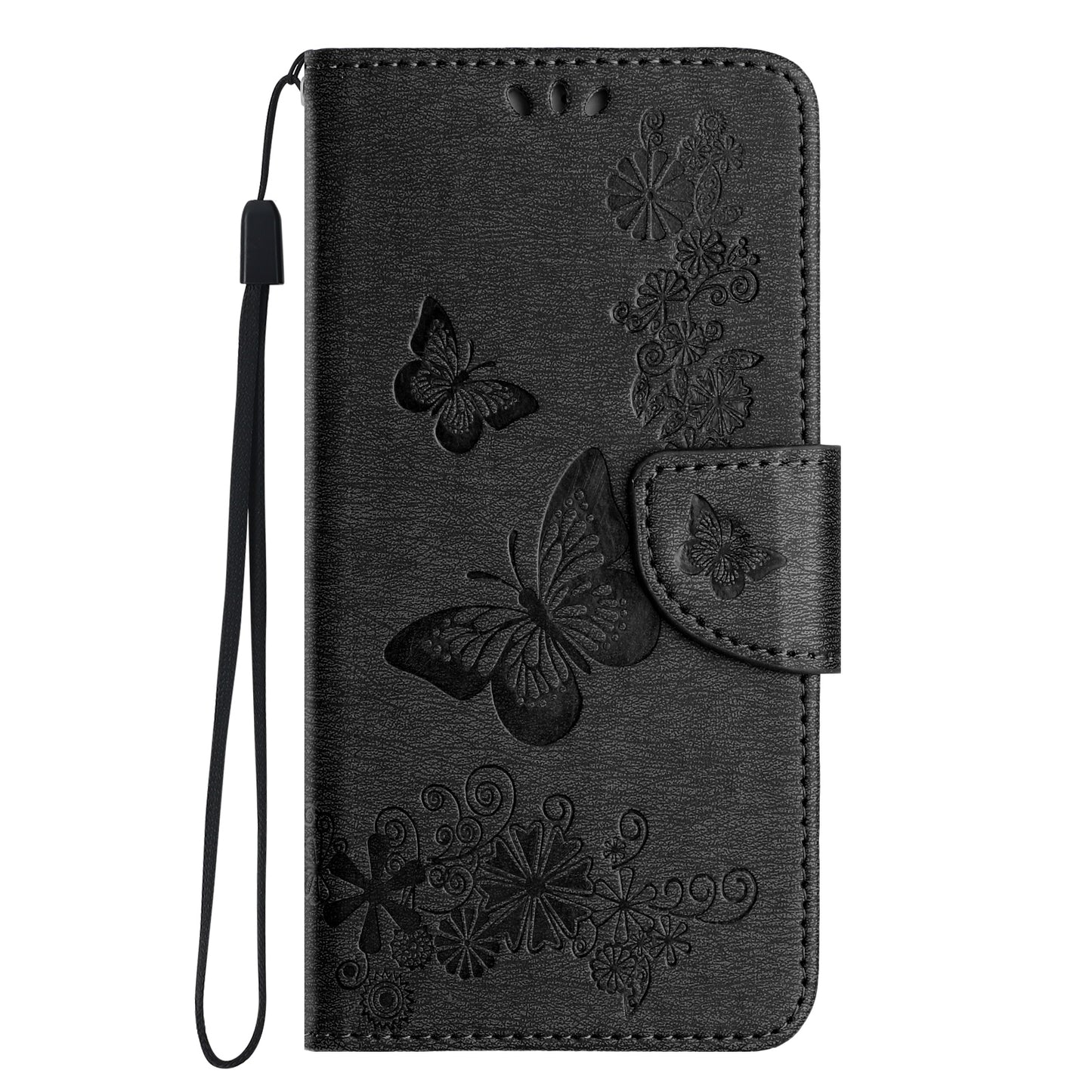 For Samsung Galaxy A06 Case Butterflies Flower Leather Wallet Flip Phone Cover - Black