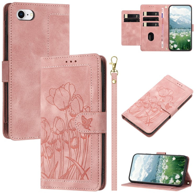 For iPhone 16e Case Tulip Leather Phone Cover with 5 Card Slots Wallet - Pink